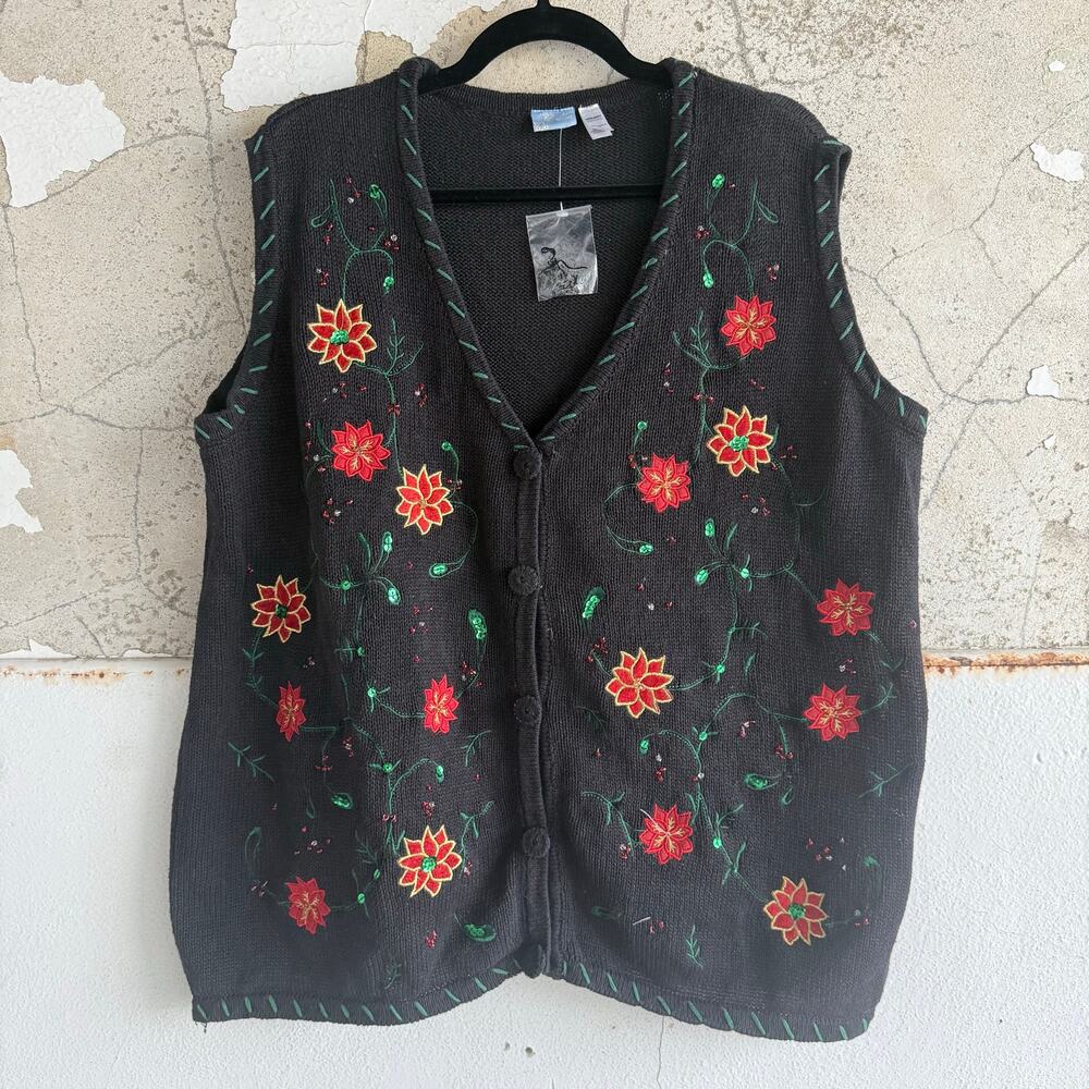 Ugly Christmas Sweater Vest Embroidered Poinsettia Womens 2X Holiday Editions